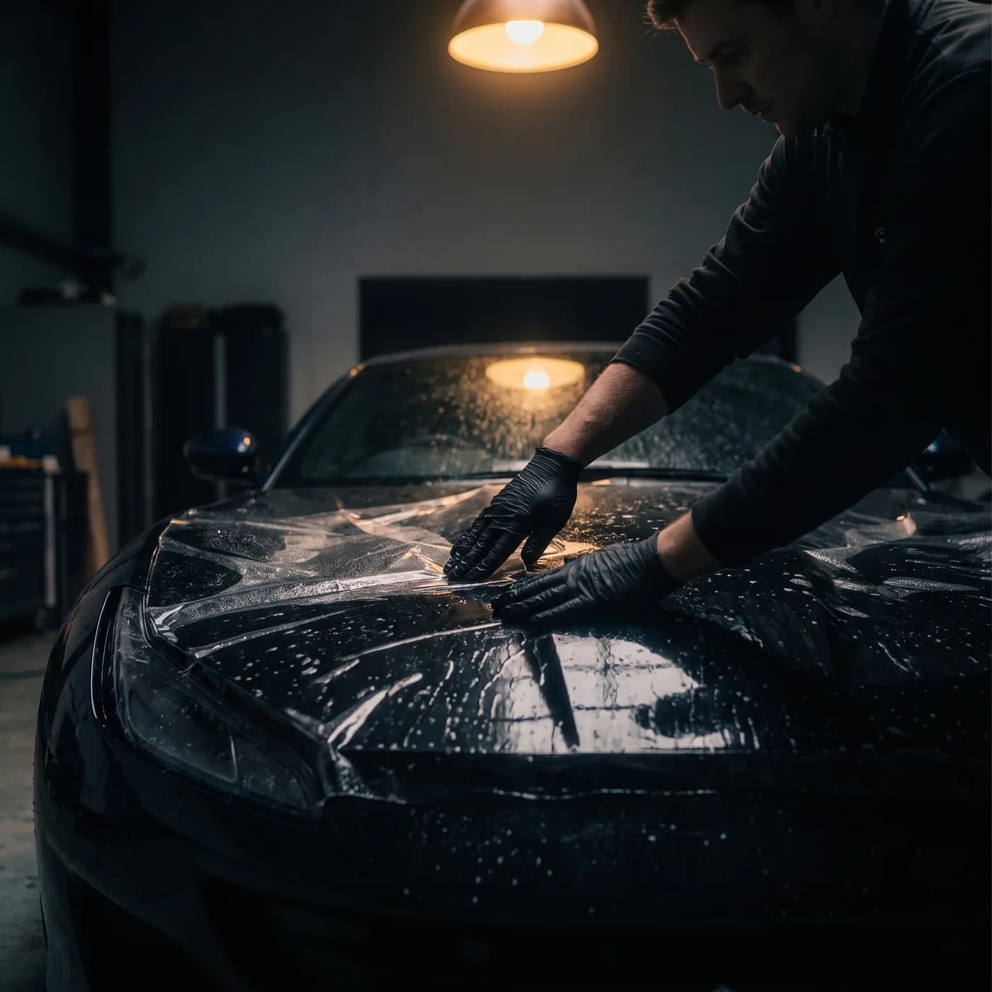Professional smoothing clear protection film onto a black hood with a squeegee