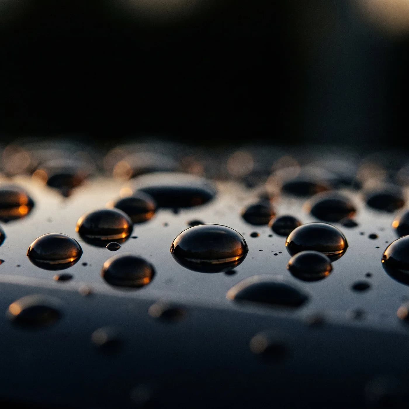 Water beading on hydrophobic black paint with warm rim light